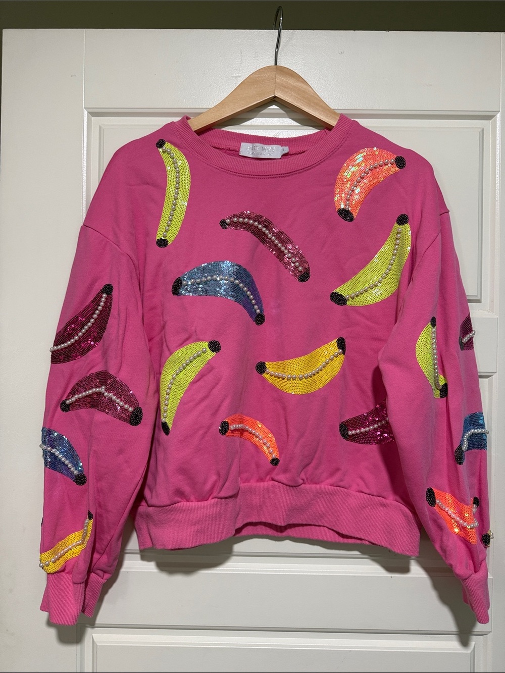 Bright Pink Sequin Banana Appliqué Crewneck Sweatshirt